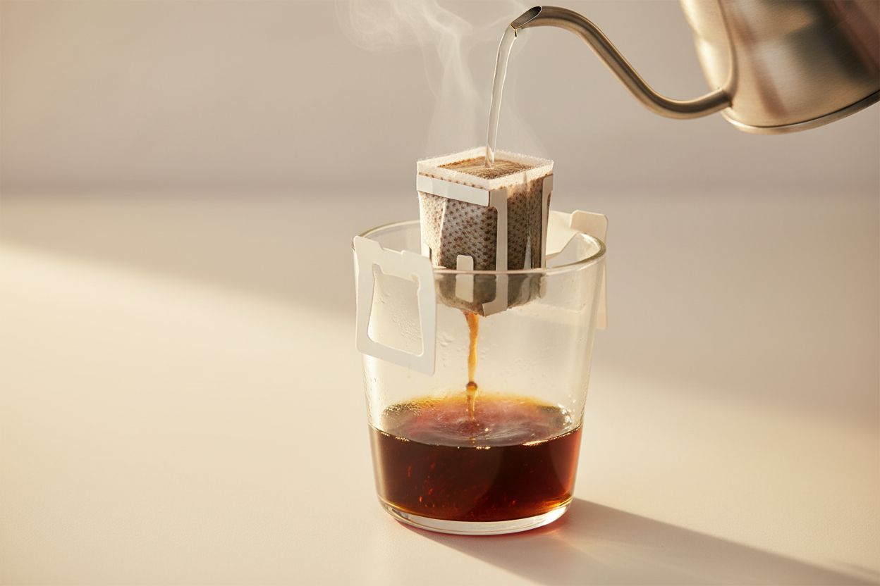 drip coffee bag in a glass cup